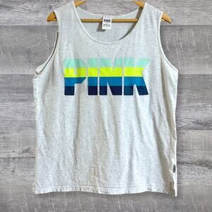 Victorias Secret PINK Grey Muscle Tank Top Women L Ombre Green Blue Logo Graphic